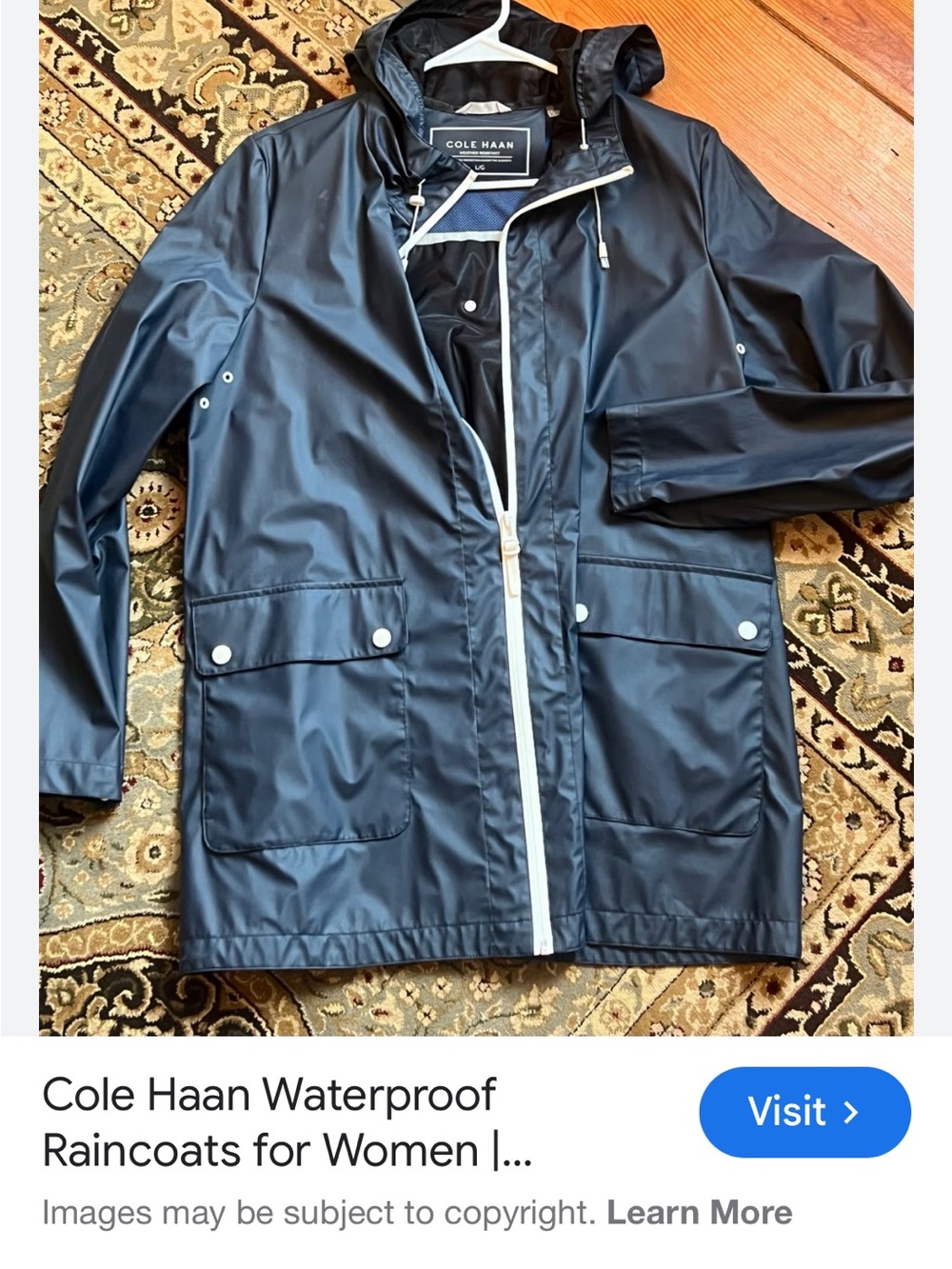 Cole Haan Navy Hooded Waterproof Raincoat with White Trim